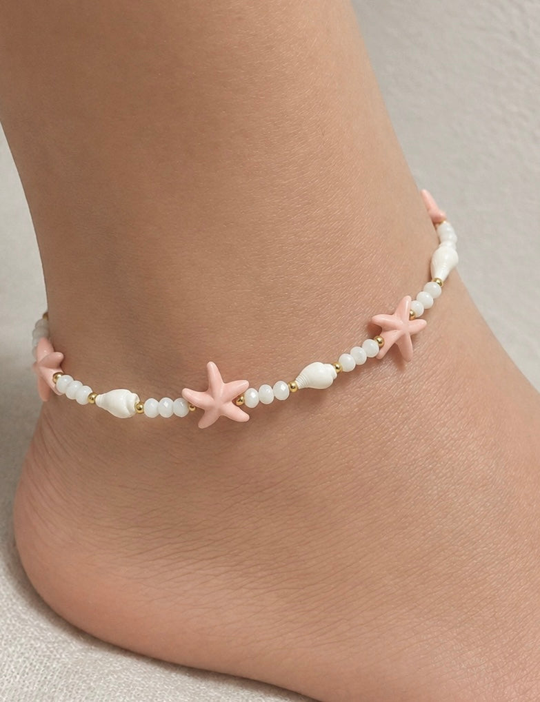 Fußkette in Weiß + Rosanen Seesternen & Muscheln