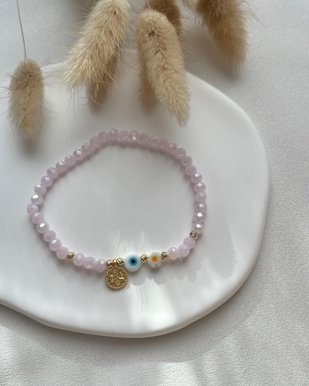 Perlenarmband aus rosanen Perlen, Nazar, Blume & Taler