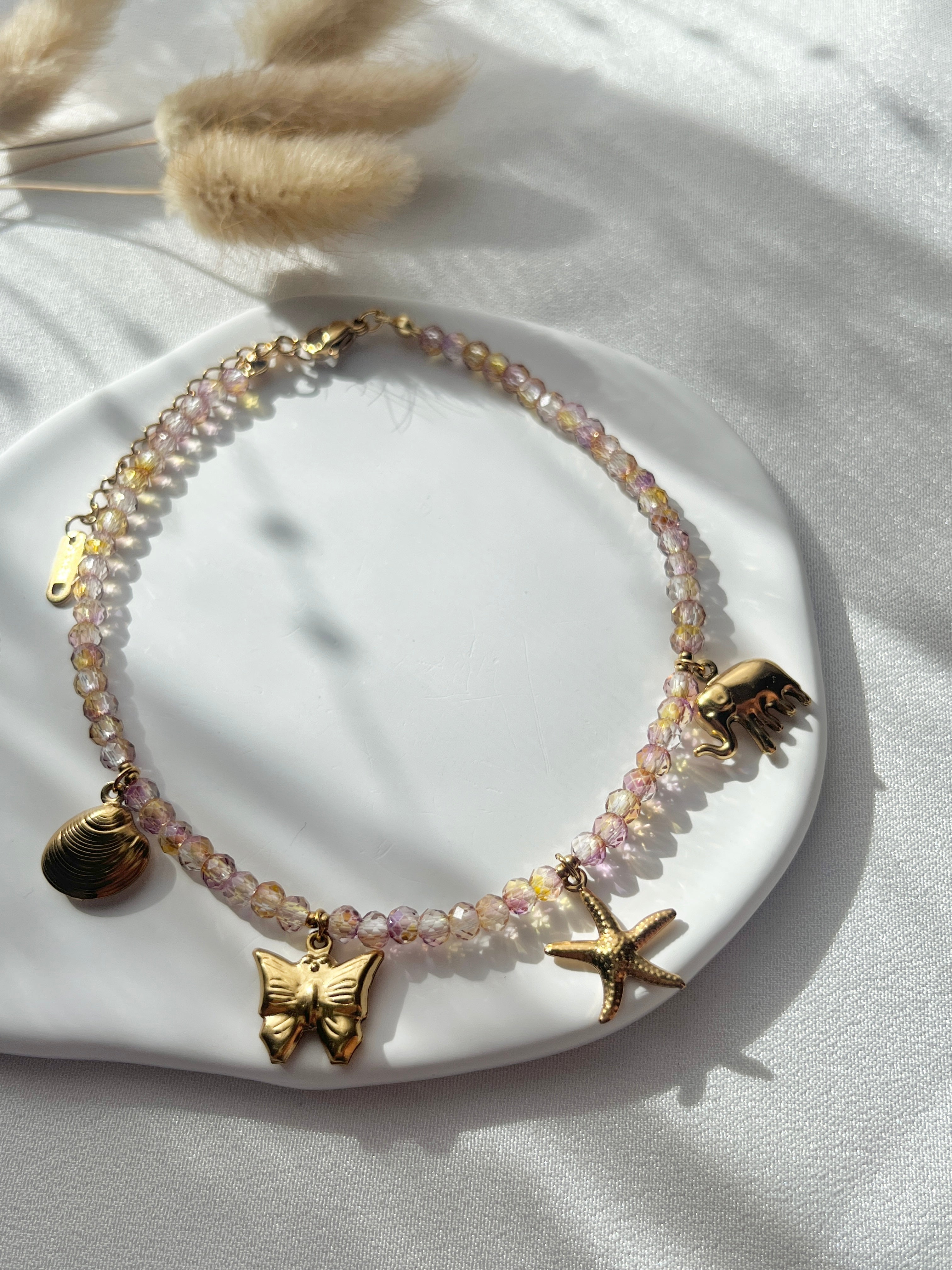 Fußkette aus Kristallperlen & Meerestier-Anhängern
