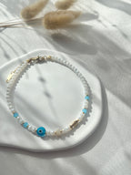 Fußkette in Weißen & Blauen + Nazar & Fisch Charm