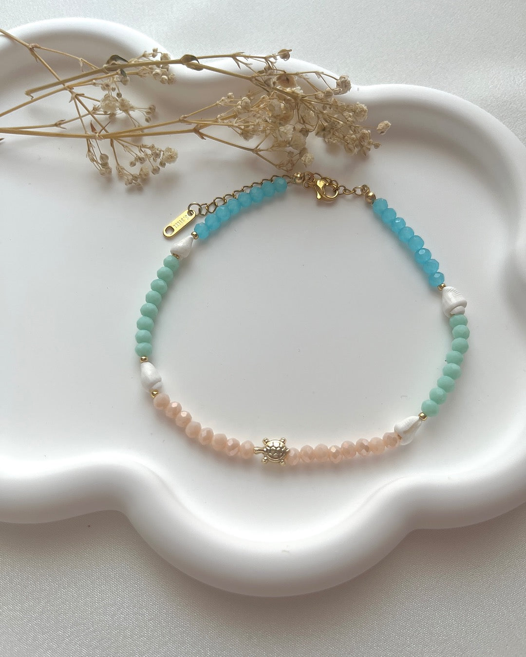 Fußkette aus bunten Perlen, Muscheln & mini Schildkröte