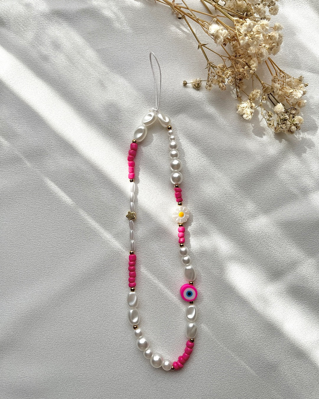 Handykette aus Pinken Perlen, Blume & Nazar