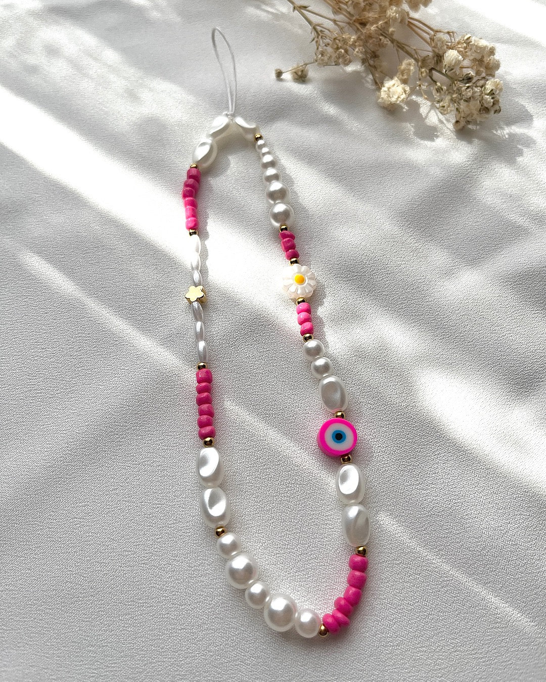 Handykette aus Pinken Perlen, Blume & Nazar