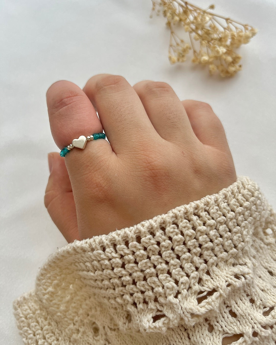 Perlenring in Türkis & Herzperle in Silber